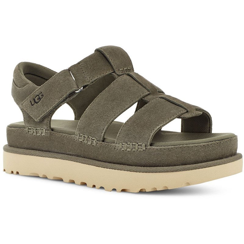 Front angle view of the Women's Goldenstar strap sandal by UGG in the color Moss Green