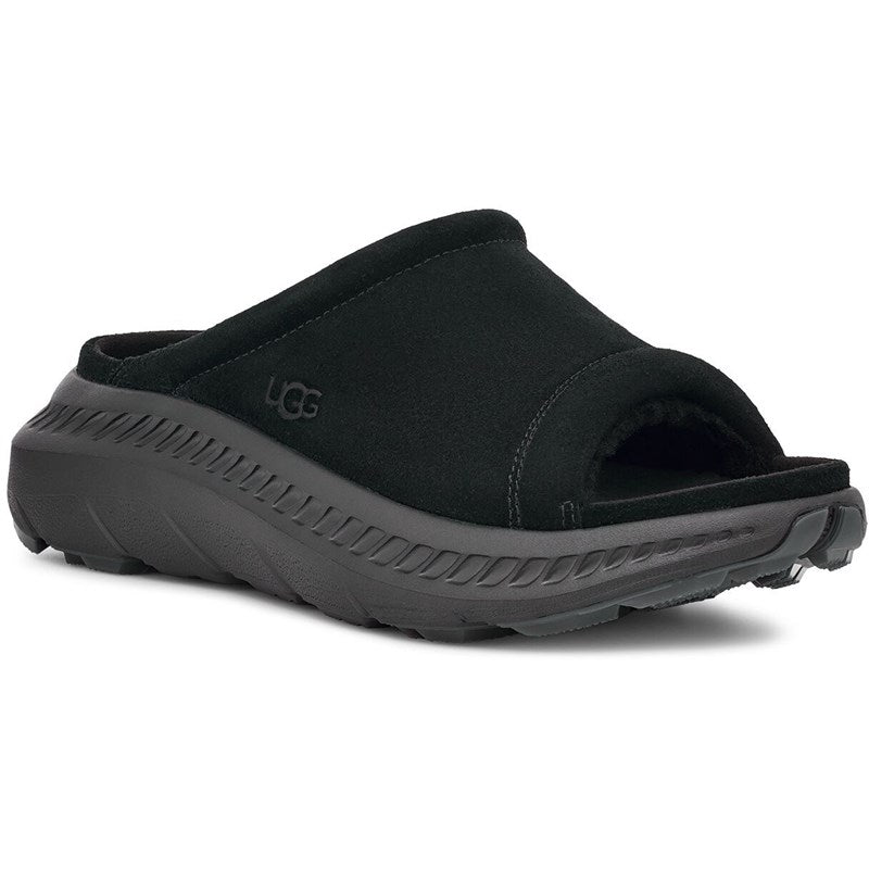 Front angle view of the Men's CA805 V2 Suede Slide by UGG in Black
