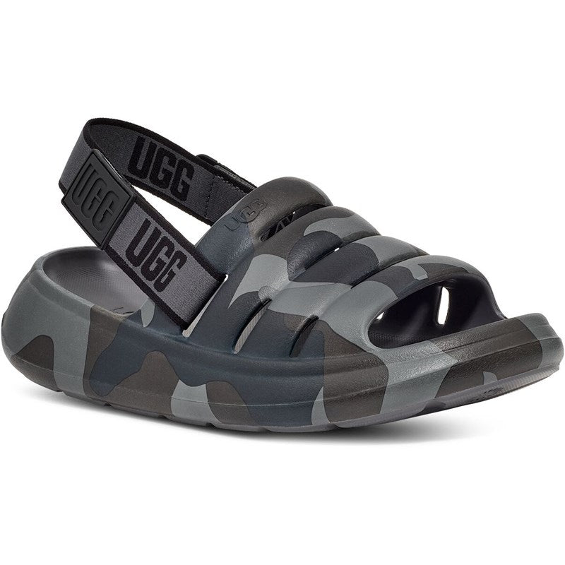 Front angle view of the Men's Sport Yeah sandal by UGG in the color CamoPop Black