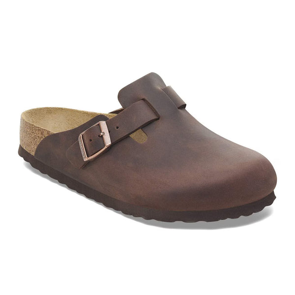 Deep brown leather clog on a white background