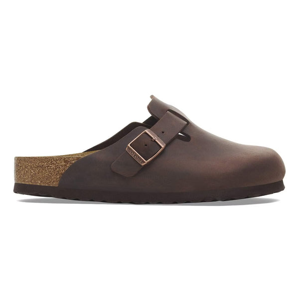 Deep brown leather clog on a white background