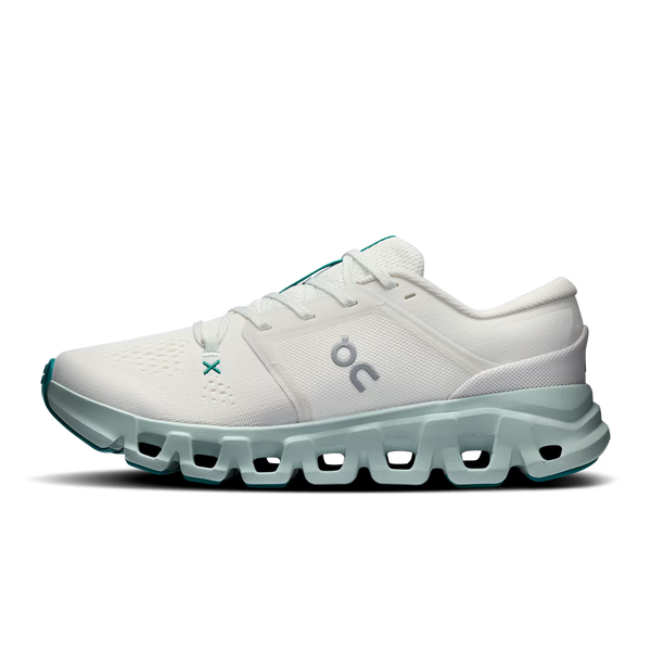 A white On Cloudrunner sneaker with a translucent mint green CloudTec sole and teal accents, shown in a side profile on a white background.