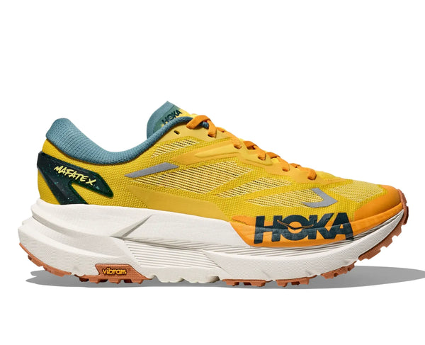 Yellow running shoe with Hoka branding on a white background