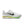 Neon green, orange, and white running shoe on a white background