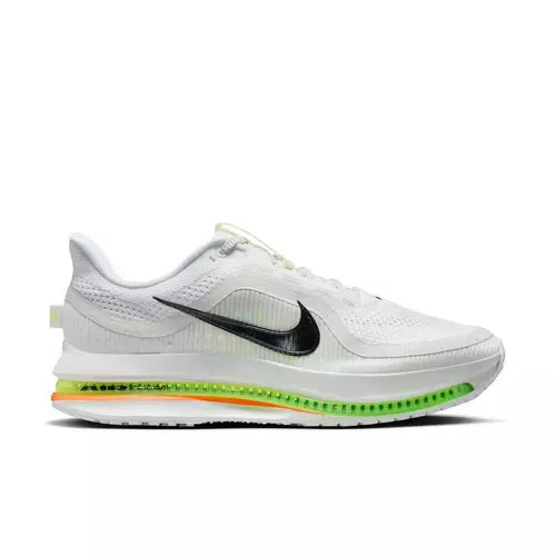 Neon green, orange, and white running shoe on a white background