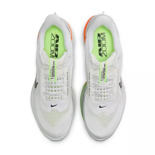 Neon green, orange, and white running shoe on a white background