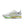 Neon green, orange, and white running shoe on a white background