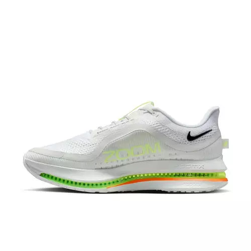 Neon green, orange, and white running shoe on a white background