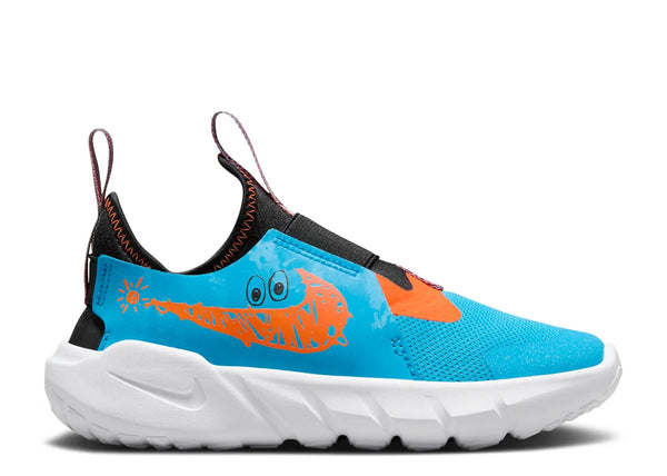 Blue, orange, black, and white kids shoe on a white background
