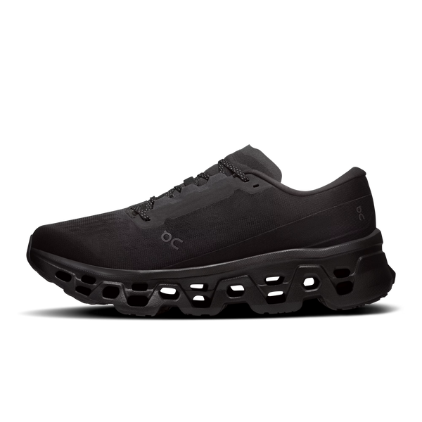 Black athletic shoe with unique sole design on a white background