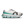 A white running shoe with black laces, a black circular logo, and a light green and turquoise midsole accent, shown from the side on a white background.