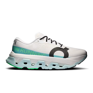 A white running shoe with black laces, a black circular logo, and a light green and turquoise midsole accent, shown from the side on a white background.