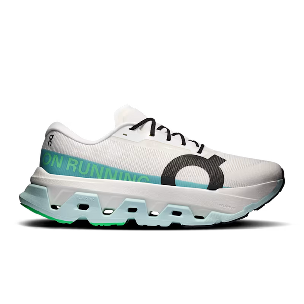 A white running shoe with black laces, a black circular logo, and a light green and turquoise midsole accent, shown from the side on a white background.