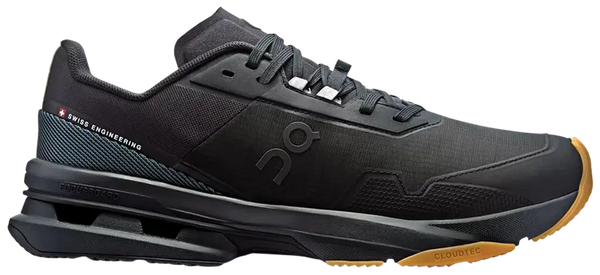 A black On running shoe with a textured mesh upper, black laces, a black midsole, and a contrasting brown outsole, on a white background.