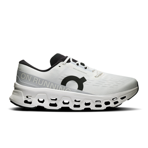 White running shoe with black accents on a white background