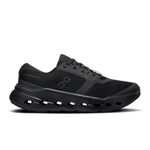 Black running shoe with brand logo on a transparent background