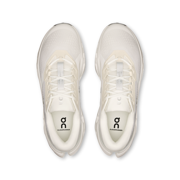 White running shoes with 'on' logo on a white background
