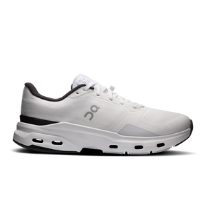 White running shoe with black accents on a white background