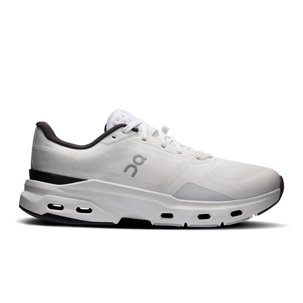 White running shoe with black accents on a white background