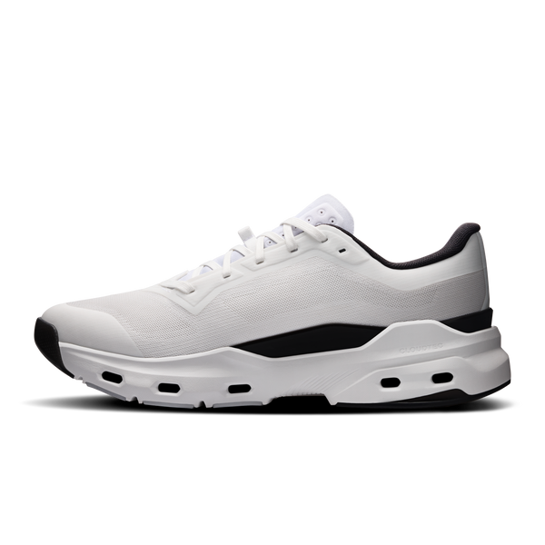 White athletic shoe with black accents on a white background