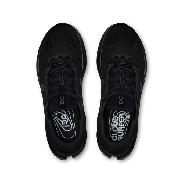 All black running shoe on a white background
