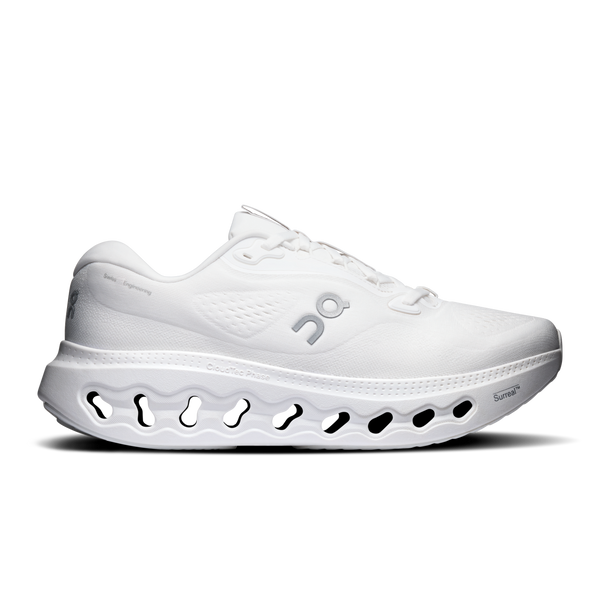 All white running shoe on a white background