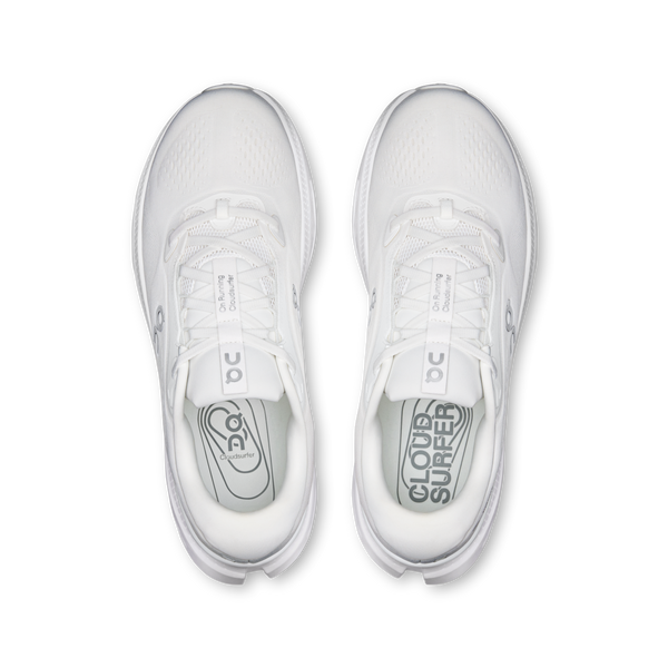 All white running shoe on a white background