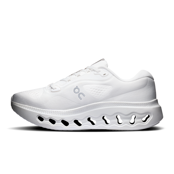 All white running shoe on a white background