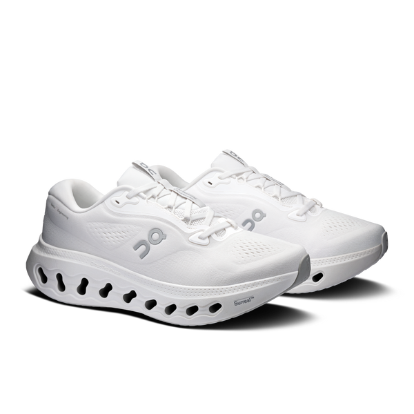 All white running shoe on a white background