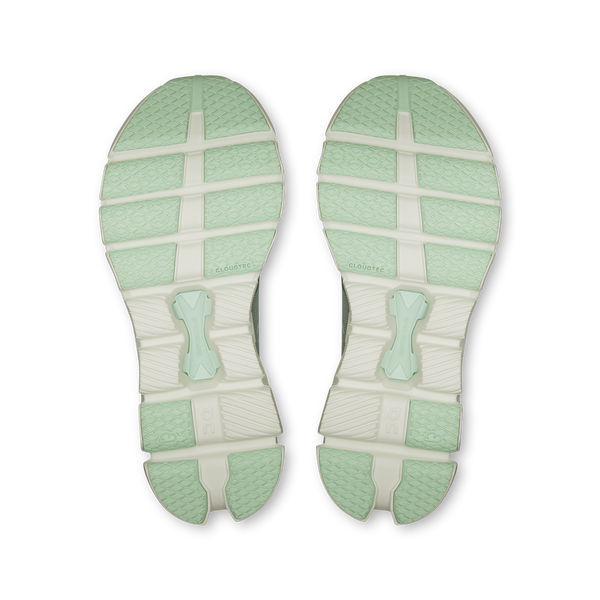 Top view of green and white shoe soles on a white background
