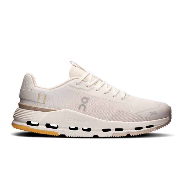 White running shoe with brand logo on a white background