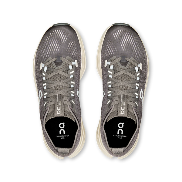 Pair of women's On gray athletic shoes with 'on' branding on a white 