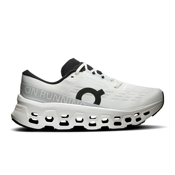 White running shoe with black accents on a white background