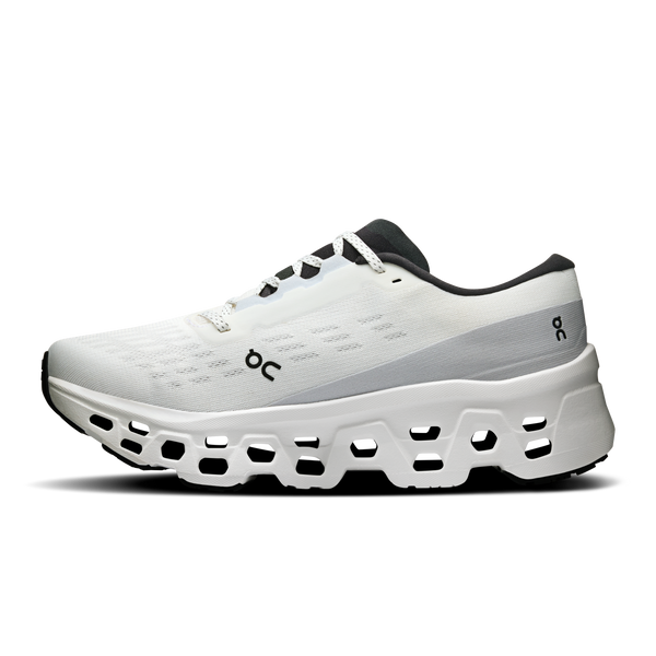 White running shoe with black accents on a white background