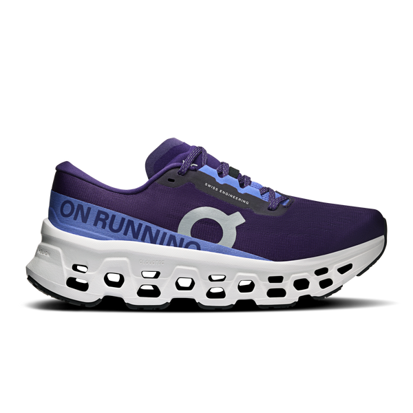 Purple running shoe with white sole on a white background