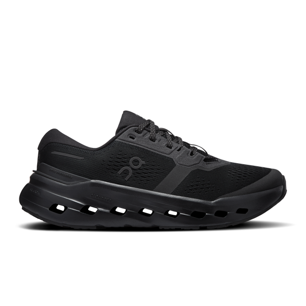 Black running shoe with brand logo on a transparent background