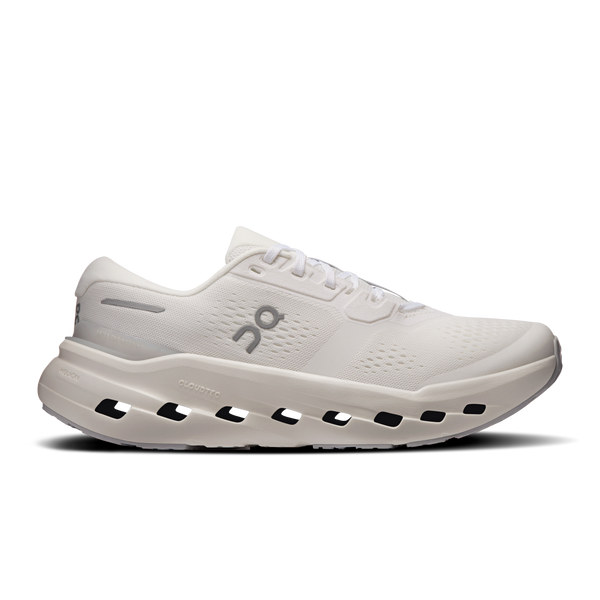 White running shoe with brand logo on a white background