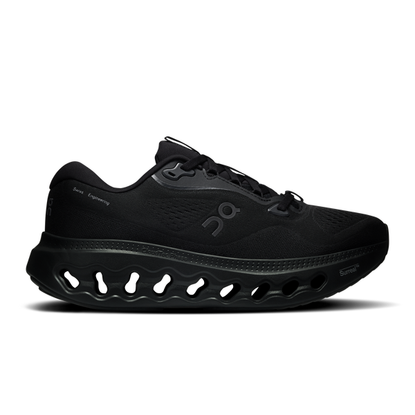 All black running shoe on a white background