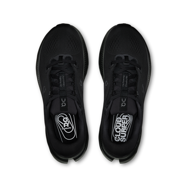 All black running shoe on a white background
