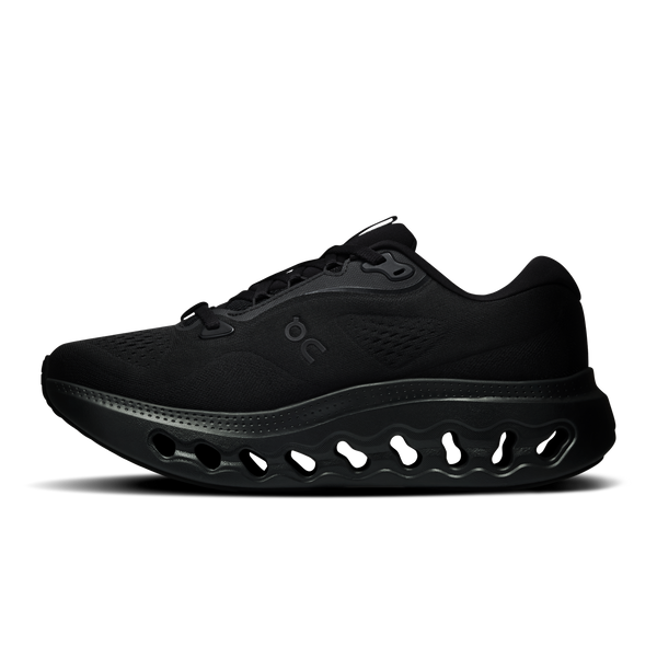 All black running shoe on a white background