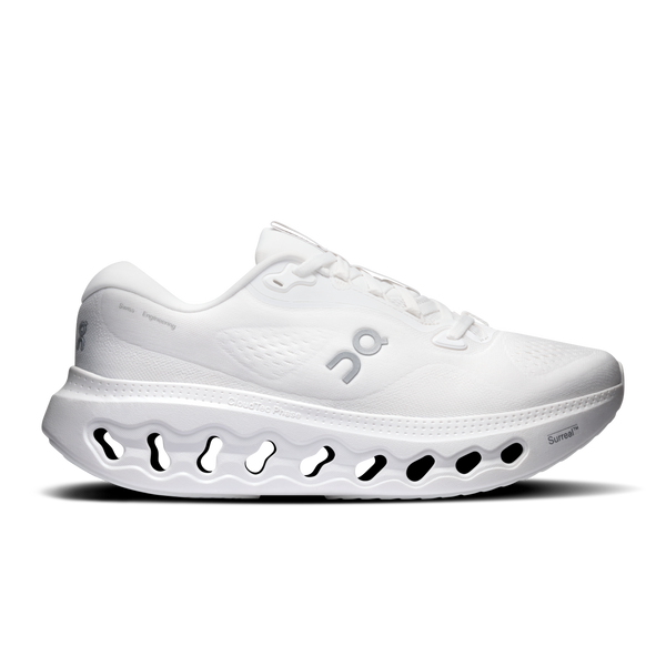 All white running shoe on a white background