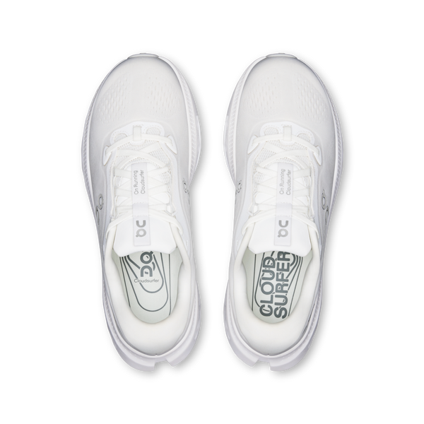 All white running shoe on a white background