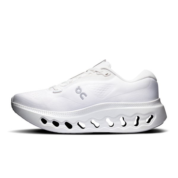 All white running shoe on a white background