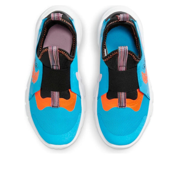 Blue, orange, black, and white kids shoe on a white background