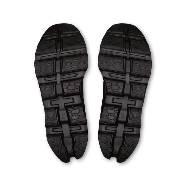 Close-up of a pair of black shoes with tread pattern on a transparent background