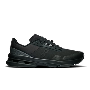 A women's black On running shoe shown in a side profile view against a solid white background.