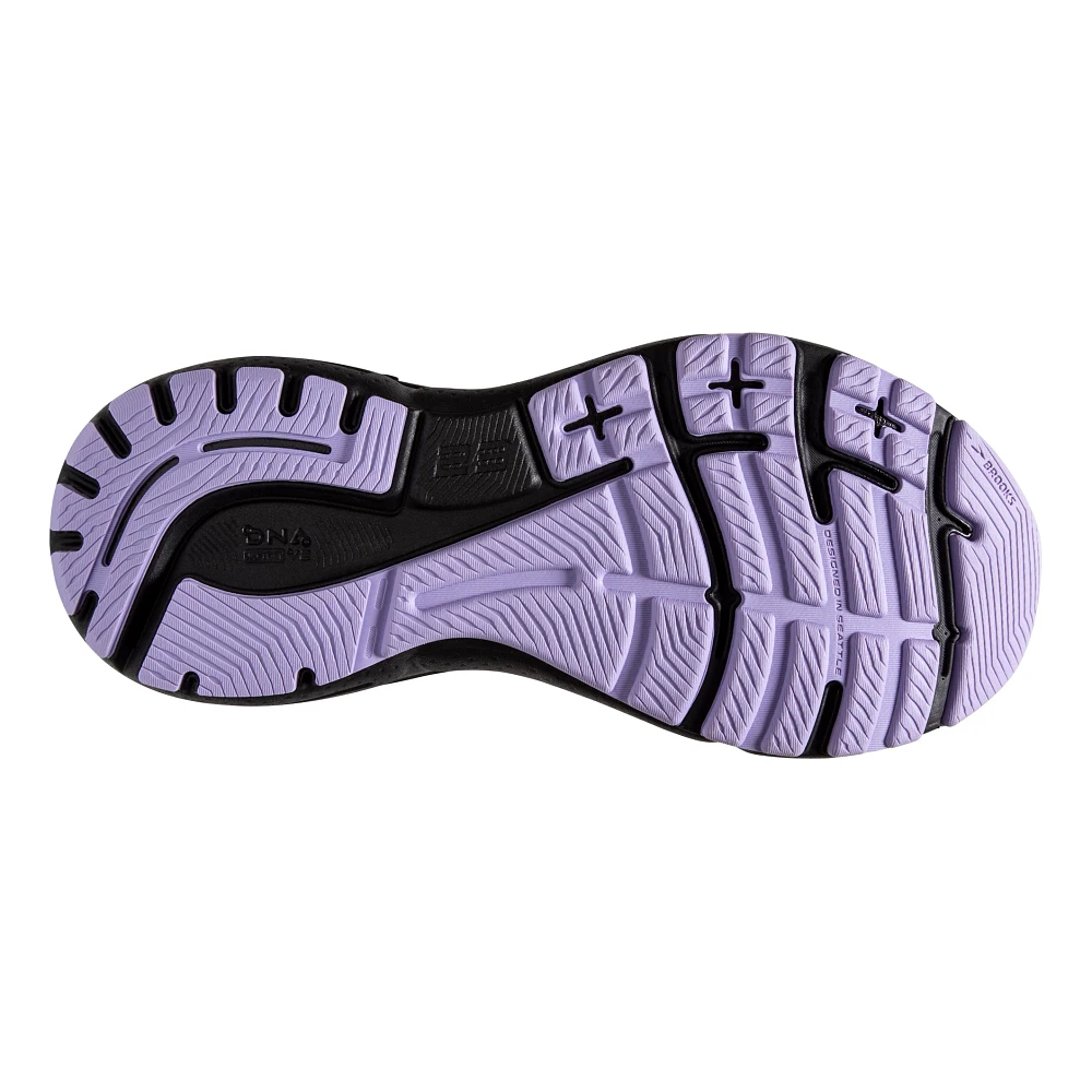 Bottom (outer sole) view of the Women's Adrenaline GTS 23 in the wide D width, color Grey/Black/Purple