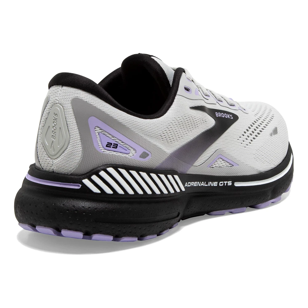 Back angle view of the Women's Adrenaline GTS 23 in the wide D width, color Grey/Black/Purple