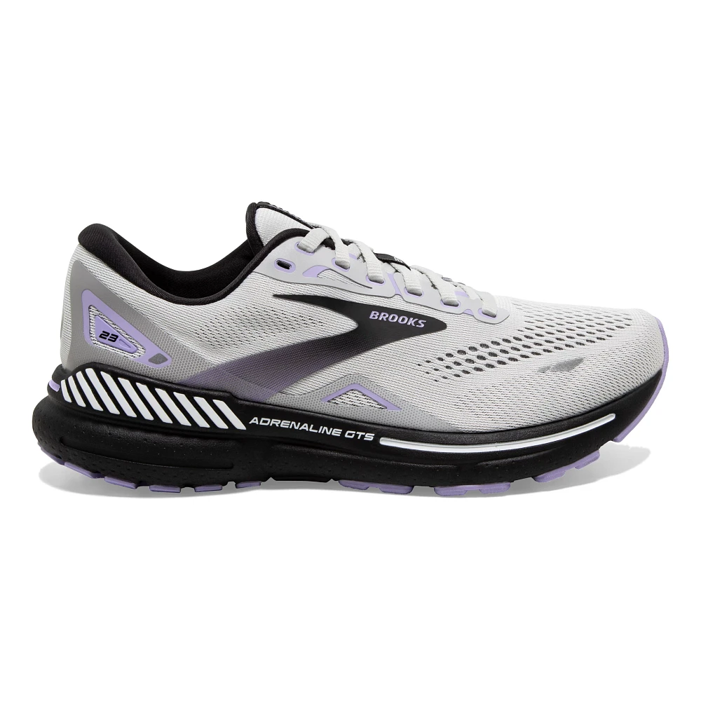 Lateral view of the Women's Adrenaline GTS 23 by Brook's in the color Grey/Black/Purple