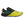 A Hoka trail running shoe in bright yellow, black, and purple, featuring a textured midsole, teal HOKA branding on the side, and a purple Vibram outsole, shown against a plain white background.